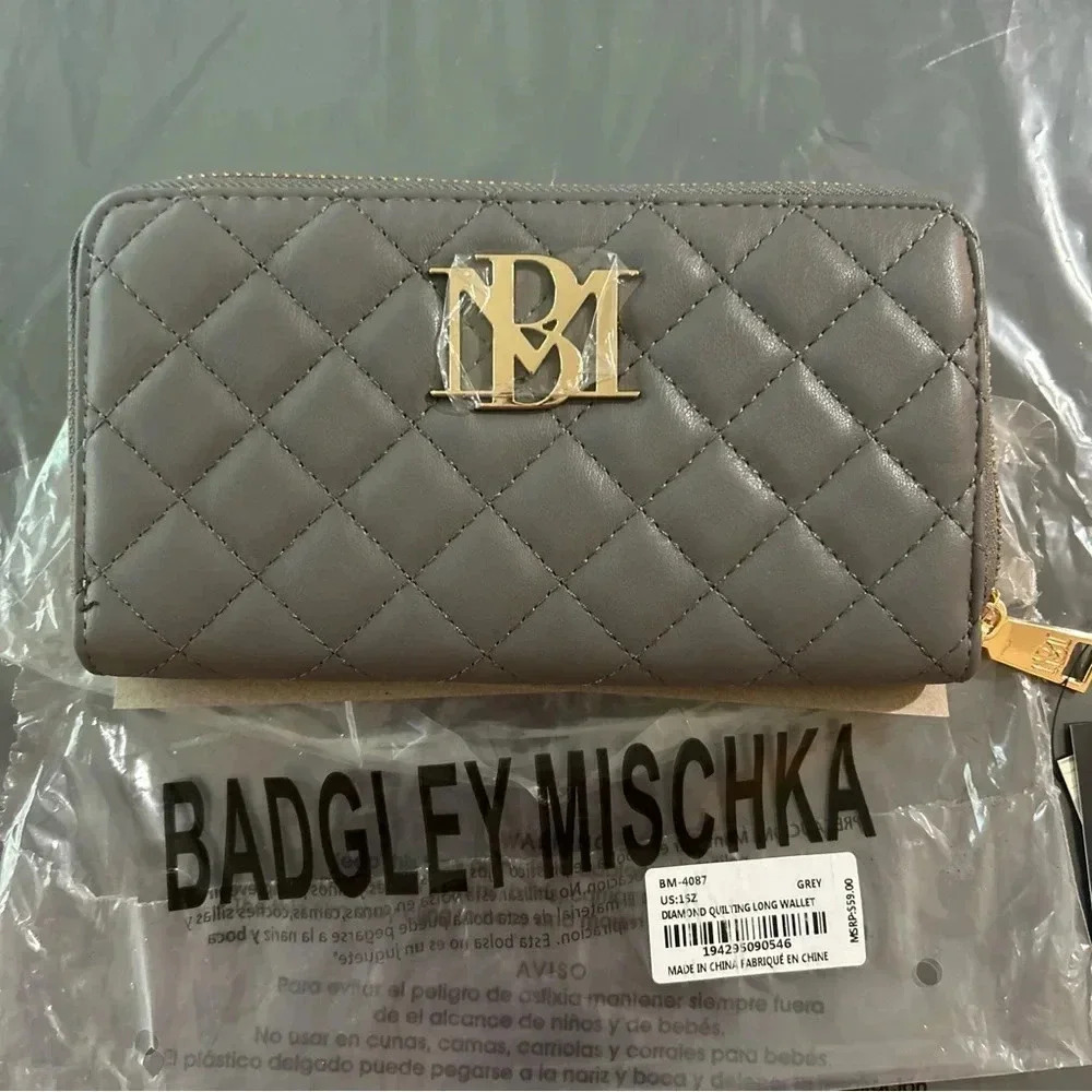 Badgley Mischka Diamond Quilting Long Wallet Gray Vegan Leather BM-4087 MSRP $59